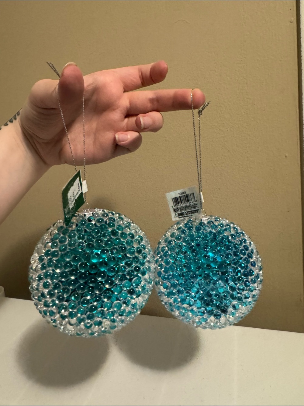 Set Of 2 Clear & Blue Plastic Textured Christmas Tree Ornaments